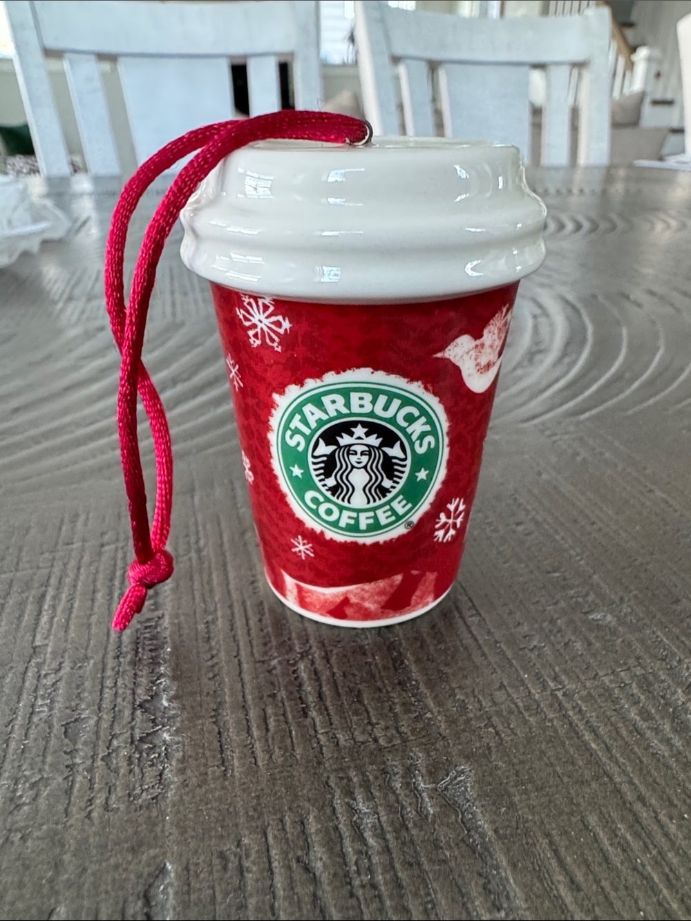 2008 Starbucks Red Holiday Mini Cup Ornament with White Lid and Pink Cord